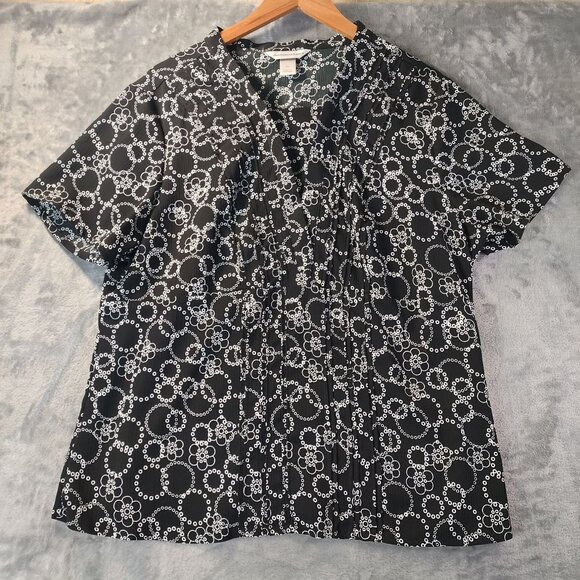 Christopher & Banks Womens XL Black White Floral Button Front Top Short Sleev - Picture 1 of 11
